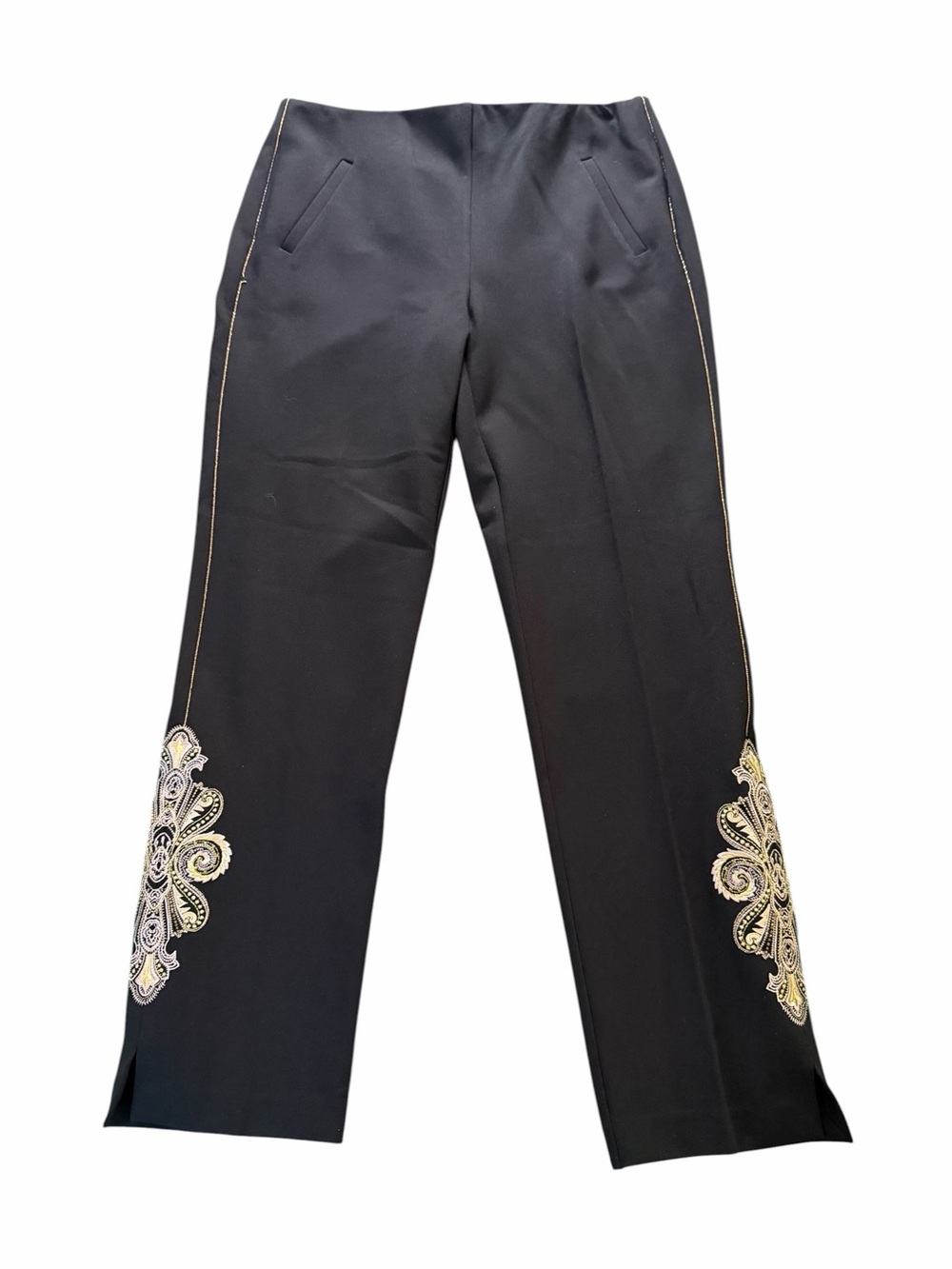 Chico’s Black Gold Embroidered Straight Leg Pants Size 1 US 8 Stretch